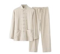 Completo Estivo Uomo Tai Chi in Cotone e Lino 2 Pezzi con Tunica a Bottoni e Pantaloni Lampi Tuta Primavera Autunno Casual Elegante Pigiama Estiva Oversize, Tradizionale per Wing Chun Kung Fu