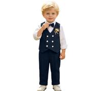 Completo formale per bambini e ragazzi, set da 5 pezzi con gilet doppiopetto, camicia a maniche lunghe e pantaloni, con papillon e fiore all'occhiello, per portatore di fedi nuziali, concorso