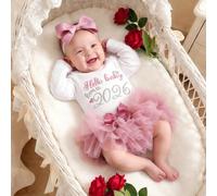 Completo fotografico per neonata "HELLO WORLD 2026", tutina per neonata da portare a casa, tutina con gonna tutu e fascia per capelli con fiocco per neonata di 1 mese, regalo per festa di nascità 0-1M