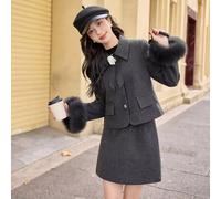 Completo Giacca E Gonna Grigio Scuro Invernale Con Pelliccia Sintetica CF60519