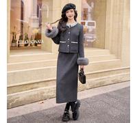 Completo Giacca E Gonna Lunga Grigio Scuro Invernale Pelliccia Sintetica CF60520