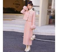 Completo Giacca E Gonna Lunga Rosa Invernale Con Pelliccia Sintetica CF60522