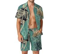 Completo hawaiano da uomo con stampa delfino, 2 pezzi, camicia e pantaloncini con bottoni, per feste estive in spiaggia e vacanze, Tartaruga Teschio, L
