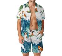 Completo hawaiano da uomo con stampa delfino, 2 pezzi, camicia e pantaloncini con bottoni, per feste estive in spiaggia e vacanze, Gatti carini-3, L