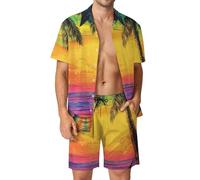 Completo hawaiano da uomo con stampa di palme, 2 pezzi, camicia con bottoni e pantaloncini, per feste estive in spiaggia e vacanze, Palme-1, XS