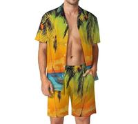 Completo hawaiano da uomo in 2 pezzi, camicia con bottoni e pantaloncini, per feste estive in spiaggia e vacanze, Palme-1, 3XL