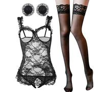 Completo Intimo Donna Elegante - Abito da Ragazza Sexy Taglie Forti Desiderio Vento Esposto Seno Scavato Tuta Trasparente in Pizzo con Apertura sul Cavallo Senza Decollo (Silver One Size)