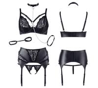 Completo intimo donna in pizzo bondage sexy reggiseno perizoma aperto reggicalze