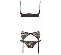 Completo intimo donna reggiseno perizoma reggicalze in pizzo nero trasparente