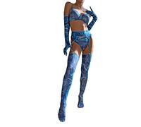 Completo Intimo Donna Seducente-Set da Cinque Pezzi da Donna Sexy in Maglia di Pizzo Stampata A Catena con Giarrettiera con Anello per Le Gambe Biancheria Intima da Donna (Blue, M)