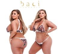 COMPLETO INTIMO Floreale XL Grey Floral & Lace Bra Set Thong with Side TIE Q