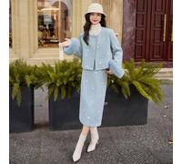 Completo Invernale Elegante Giacca Ricamata E Gonna Longuette Azzurro CF60509