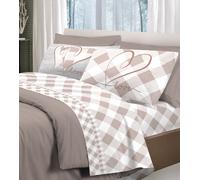 COMPLETO LENZUOLA 100% COTONE LOVELY CUORE QUADRI GRIGIO P. DELICATI MADE ITALY