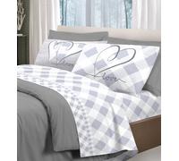 COMPLETO LENZUOLA 100% COTONE LOVELY CUORE QUADRI GRIGIO P. DELICATI MADE ITALY