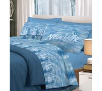 COMPLETO LENZUOLA COTONE BLU NEW YORK STATUA LIBERTA PENSIERI DELIC MATRIMONIALE
