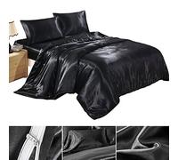 Completo Lenzuola Federe Lenzuolo Copripiumino in Satin Raso Matrimoniale una Piazza e Mezza Tinta Unita Nero (220 x 240)