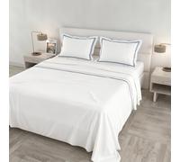 Completo Letto VENERE Matrimoniale Maxi 100% Cotone Made in Italy - Set Lenzuola Bianche, 2 Federe con Volant, Doppio Bourdon, Lenzuolo Sopra 260x300 cm, Lenzuolo Sotto 180x200 cm - BLU