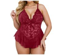 Completo lingerie da donna, in pizzo, taglie forti, biancheria intima, pigiama a V profondo, sexy, da donna, Vino, 5XL