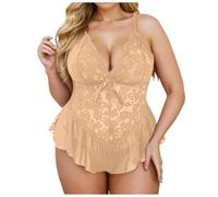 Completo lingerie da donna, in pizzo, taglie forti, biancheria intima, pigiama a V profondo, sexy, da donna, cachi, XXL