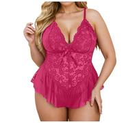 Completo lingerie da donna, in pizzo, taglie forti, biancheria intima, pigiama a V profondo, sexy, da donna, Colore: rosso, 3XL
