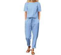 Completo Lino Donna 2 Pezzi Set Tute Curvy Comodo Completi Morbido Manica Corta T Shirt + Pantaloni a Gamba Larga Baggy Completo Traspiranti Moda per Primavera Estate Offerta