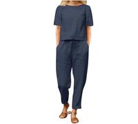 Completo Lino Donna 2 Pezzi Set Tute Curvy Comodo Completi Morbido Manica Corta T Shirt + Pantaloni a Gamba Larga Baggy Completo Traspiranti Moda per Primavera Estate Offerta