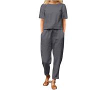 Completo Lino Donna 2 Pezzi Set Tute Curvy Comodo Completi Morbido Manica Corta T Shirt + Pantaloni a Gamba Larga Baggy Completo Traspiranti Moda per Primavera Estate Offerta
