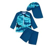 Completo Mare Neonato Tre Pezzi Manica Lunga Rash Guard Squalo Stampa Pantaloncino Cappello Spiaggia Completo Mare Neonato (Blue, 6-12 Months)