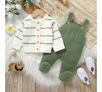 Completo neonato maschio: cardigan a righe con maniche lunghe, calzini verdi e salopette, set di due pezzi 6-9M,0-1M,1-3M,3-6MGeometrico,Colore unicoMaglia Pettinata