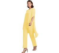Completo pantalone per la madre della sposa da donna, 2 pezzi, in chiffon con maniche a sbuffo, elegante abito formale da invitata al matrimonio, Giallo, 20 Plus