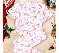 Completo pigiama da ragazza con t-shirt a girocollo a maniche corte con grafica cartoni animati e leggings aderenti, in stile ballerina carino e dolce, con stampa a fiocco rosa e nastro 8Y,9Y,10Y,11Y,