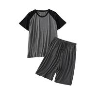 Completo Pigiama da Uomo - Indumenti da Notte Estivi da Uomo O-Collo Manica Corta Top + Pantaloni Abbigliamento da Casa Indumenti da Notte Morbidi L-6Xl Abiti Larghi Taglie Forti, Grigio, 6X