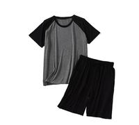 Completo Pigiama da Uomo - Indumenti da Notte Estivi da Uomo O-Collo Manica Corta Top + Pantaloni Abbigliamento da Casa Indumenti da Notte Morbidi L-6Xl Abiti Larghi Taglie Forti, Nero, 5XL