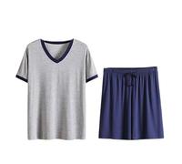 Completo Pigiama da Uomo - Manica Corta Estiva + Pantaloncini Indumenti da Notte Morbidi E Confortevoli Casual Larghi L-6Xl Top con Scollo A V Taglie Forti con Tasche Abbigliamento da Casa,