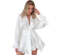 Completo Pigiama Estivo da Donna A Maniche Lunghe - Camicia da Notte E Pantaloncini in Morbido Cotone Crepe con Volant, Comodo Abbigliamento da Notte per Le Notti Calde. White Medium