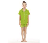 Completo pigiama unisex per bambini a maniche corte e pantaloni comodi con colletto button-down in tessuto, larghi per la famiglia, verde, 4-5 Jahre
