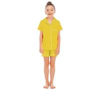 Completo pigiama unisex per bambini a maniche corte e pantaloni comodi con colletto button-down in tessuto, larghi per la famiglia, giallo., 8-9 Jahre