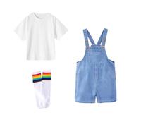 Completo Ragazza Elegante Completi E Coordinati Bambina Leggero Denim Salopette Tinta Unita Top Performance Festa Pantaloncini Tracksuit Spiaggia Estate