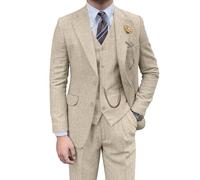 Completo retrò da Uomo in 3 Pezzi, in Tweed a Spina di Pesce, Slim Fit, per testimoni dello Sposo, Set Smoking Marrone, Giacca da Ballo da Ballo, Blazer, Gilet e Pantaloni per Uomo, Beige, XL