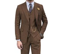 Completo retrò da Uomo in 3 Pezzi, in Tweed a Spina di Pesce, Slim Fit, per testimoni dello Sposo, Set Smoking Marrone, Giacca da Ballo da Ballo, Blazer, Gilet e Pantaloni per Uomo, Marrone, L