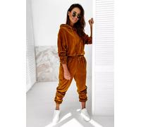 completo set tuta donna maglia pantaloni felpa cappuccio velluto marrone CS017