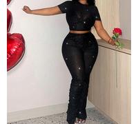 Completo sexy a due pezzi, in rete nera, con maniche corte, arricciato e lucido metallico, per il giorno di San Valentino, di taglia grande, colore nero 0XL,1XL,2XL,3XL,4XL,5XLColore unicoTessuto in m