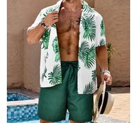 Completo spiaggia da uomo taglie forti, composto da top a maniche corte con stampa floreale su tutto il capo e colletto a bavero, abbinato a pantaloncini corti con fiocco in vita, stile hawaiano 2XL,3