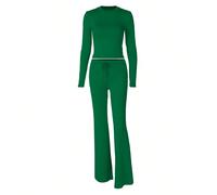 Completo sportivo da donna composto da top a maniche lunghe con orlo corto e pantaloni a zampa con lacci, in colore verde Dirty Martini, di per la primavera L,M,S,XL,XSPoliestere,Tessuto in maglia