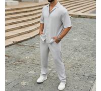 Completo uomo composto da camicia girocollo a maniche corte in seersucker e pantaloni lunghi con coulisse in abbinamento, set essenziale per uscite e eventi, regalo perfetto per il marito L,M,S,XL,XXL