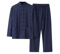 Completo Uomo Stile Cinese Tang Suit Tuta TaiChi in Cotone e Lino, Camicia Maniche Lunghe con Colletto alla Coreana e Pantaloni Larghi, Abbigliamento per KungFuMeditazione Yoga Casual (Navy, XXXXXL)