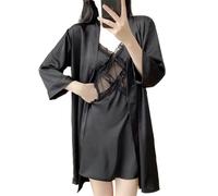 Completo Vestaglia da Donna in Seta ghiacciata, 2 Pezzi - Pigiama Leggero e Traspirante per Un Abbigliamento da casa Fresco e Confortevole (Nero 1 Large)