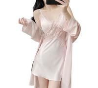 Completo Vestaglia da Donna in Seta ghiacciata, 2 Pezzi - Pigiama Leggero e Traspirante per Un Abbigliamento da casa Fresco e Confortevole (Pink1 Large)