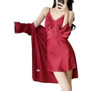 Completo Vestaglia da Donna in Seta ghiacciata, 2 Pezzi - Pigiama Leggero e Traspirante per Un Abbigliamento da casa Fresco e Confortevole (Rosso Piccolo)