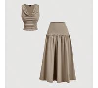 Completo vintage anni '70 da donna composto da un gilet marrone con scollo drappeggiato e borchie, e una gonna lunga - Stile vintage hippie, da vacanza, bohémien, Y2K, western e nomade L,M,S,XL,XS,XXL